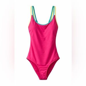 No Boundaries Pink One-Piece High Leg Swimsuit Yellow and Green Straps Size M
